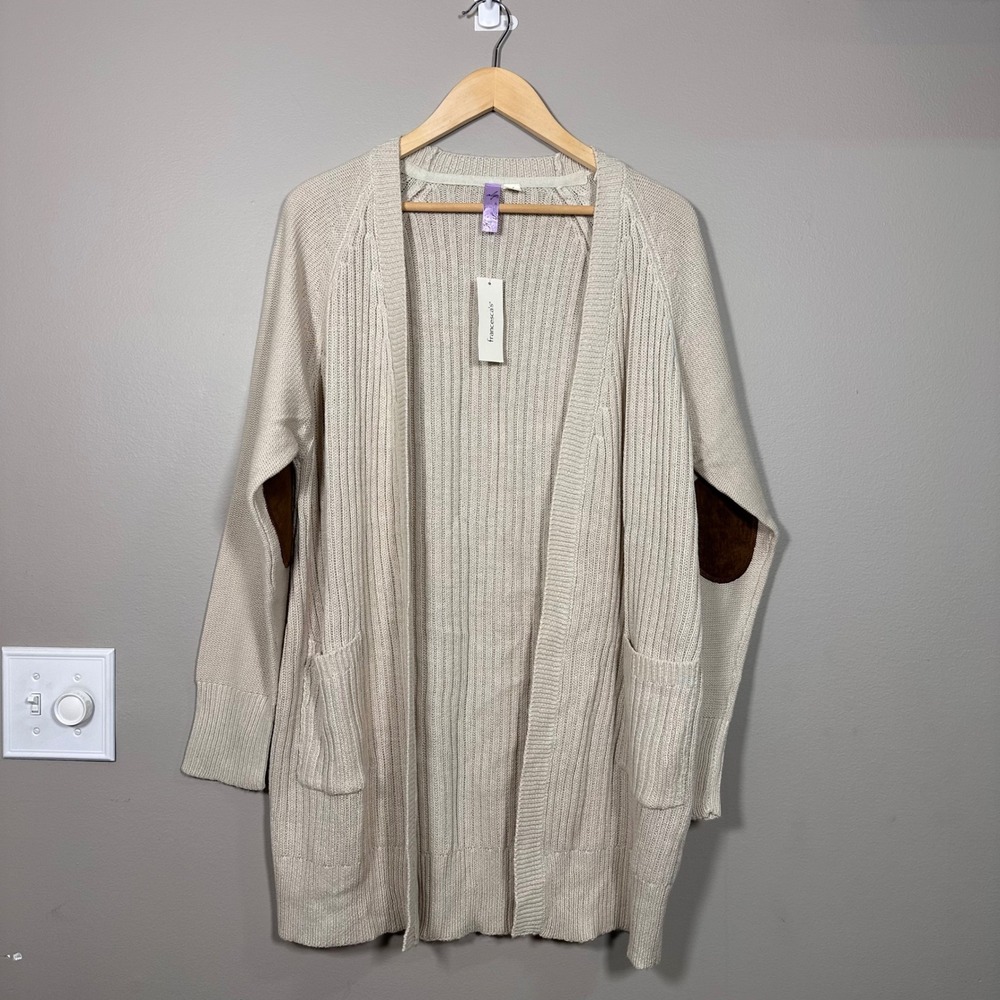 Francesca's Alya Taupe Ribbed Longline Cardigan Elbow Patches‎ Large NEW